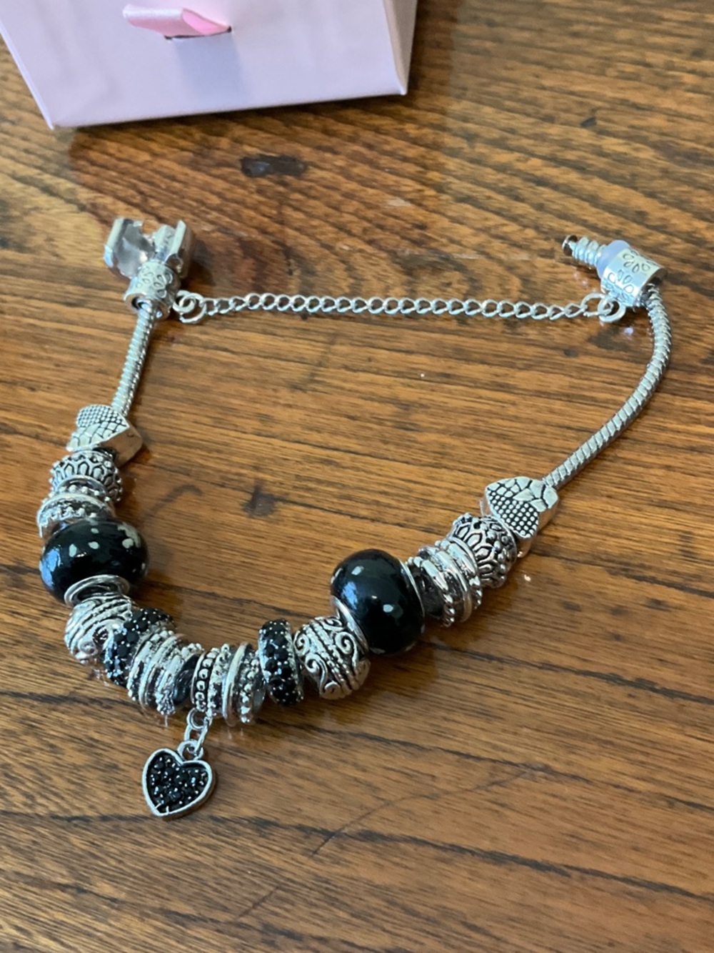 Silver-Tone Black Bead Charm Bracelet